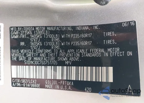 2016 Toyota Sienna Limited 7 Passenger/Limited Premium 7 Passenger/Xle 7 Passenger/Xle 8 Passenger z USA, uszkodzony, nr VIN 5TDYK3DC7GS751705